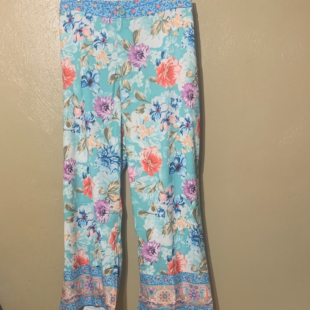 Anthropologie Tolani 3X  Aqua Floral
Casual Pants Pockets Zipper Button NWT